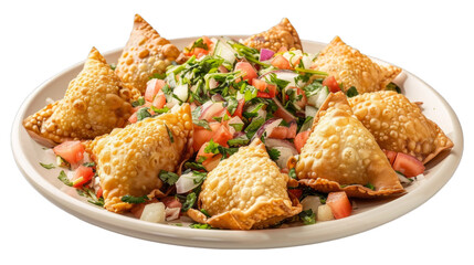 Samosa Chaat on a plate isolated on transparent png background. Generative ai 