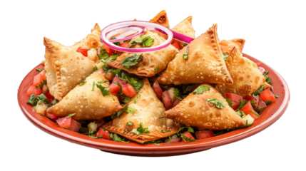 Samosa Chaat on a plate isolated on transparent png background. Generative ai 