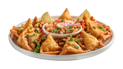 Samosa Chaat on a plate isolated on transparent png background. Generative ai 
