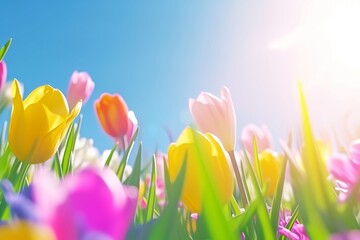This vibrant image captures the essence of spring with a beautiful array of colorful tulips reaching towards the bright, clear blue sky. The sun's rays pour warmth over the petals, creating a soft - obrazy, fototapety, plakaty