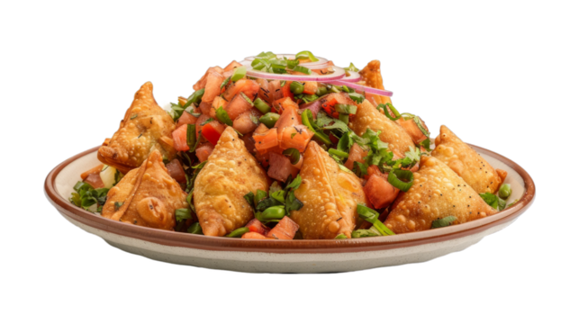 Samosa Chaat on a plate isolated on transparent png background. Generative ai 
