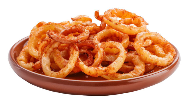 Seasoned Curly Fries on a plate isolated on transparent png background. Generative ai 