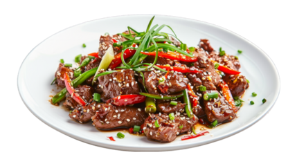 Sesame Beef Stir-Fry on a plate isolated on transparent png background. Generative ai 