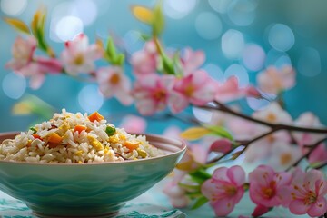 Fototapeta na wymiar Chinese fried rice with vegetables in a porcelain bowl on the table with sakura flowers