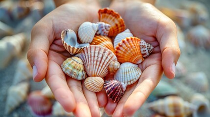 Vacation summer holiday travel tropical ocean sea background panorama - Close up of woman's hands holding many seashells on the sandy beach. - obrazy, fototapety, plakaty