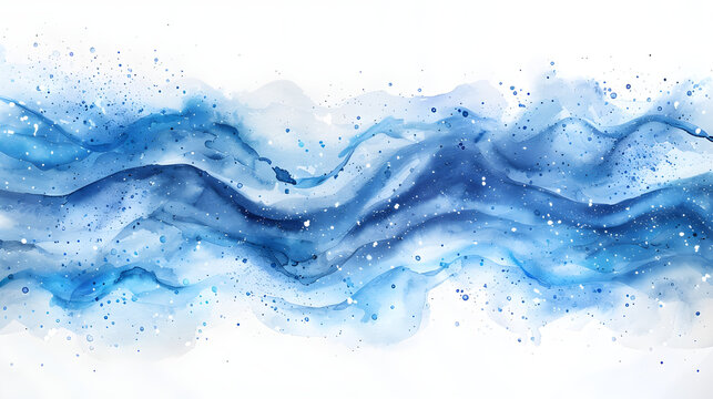 A watercolor river background with hand-drawn blue waves and splashes of paint, creating an abstract watercolor illustration. This serene artwork is perfect for various design projects.