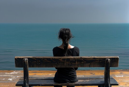 A depressed dishevelled little girl sitting on an empty bench overlooking the ocean, back view. The sea is calm and blue with no waves in sight.  - Powered by Adobe