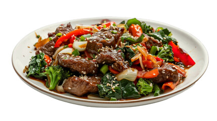 Sesame Beef Stir-Fry on a plate isolated on transparent png background. Generative ai 