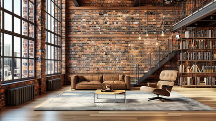 Modern Apartment Interior with Brick Wall and White Furniture, Stylish Living Room Design, Comfortable and Cozy Decor