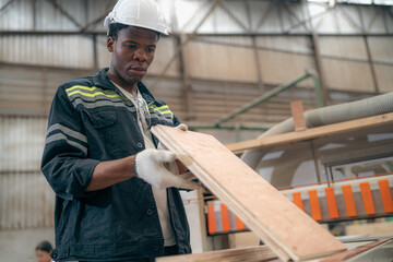 Multiracial worker standing in warehouse examining hardwood material for wood furniture production. Engineer wear safety hardhat uniform working in lumber pallet factory. Supervisor check merchandise