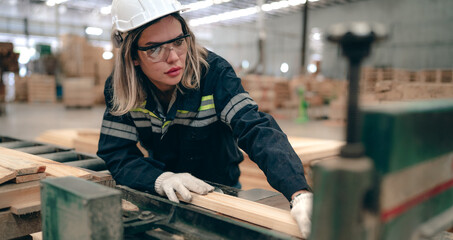 Confident female engineer working in lumber warehouse of hardwood furniture factory inspecting...