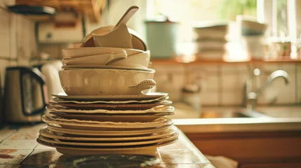 Tuinposter Stacked pile of dirty dishes after eating in home kitchen. National No Dirty Dishes Day. Copy space © Irina Beloglazova
