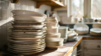 Foto op Canvas Stacked pile of dirty dishes after eating in home kitchen. National No Dirty Dishes Day. Copy space © Irina Beloglazova