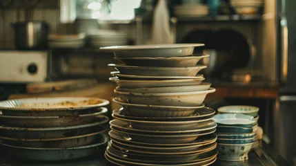  Stacked pile of dirty dishes after eating in home kitchen. National No Dirty Dishes Day. Copy space © Irina Beloglazova