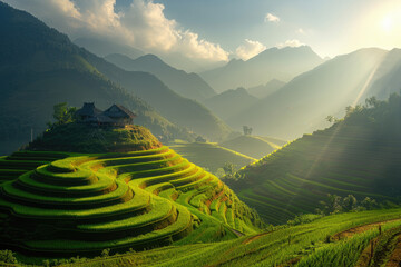 Beautiful terraced rice fields in the mountains of Vietnam, golden sunshine and beautiful sunlight. Vibrant green rice terrace fields, sunset light shines on the edge of the mountain and valley, terra
