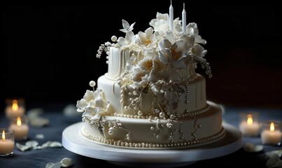 White cake, wedding cake, birthday cake, decorated with flowers pearls and candles, white frosting, elaborated decoration, mariage, love, petals, cake, Generative AI 
