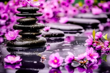 Obraz na płótnie Canvas A tranquil arrangement of wet Zen stones stacked upon each other in a traditional cairn, surrounded by delicate cherry blossoms floating on the calm surface of water. The reflection of the stones and