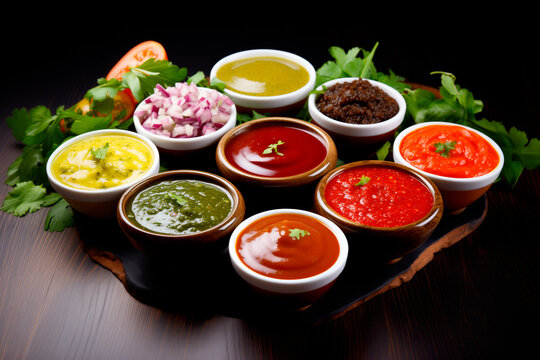Assorted sauces in bowls on wooden background. Selective focus