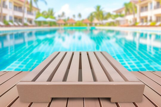 This inviting image captures a single pool lounger on a wooden deck, ready for relaxation, with a serene and beautifully maintained swimming pool in the background. The focus on the sunbed with a