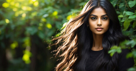 Naklejka premium black strong, healthy long hair shining in the sun of a beautiful girl of Indian nationality with black straight smooth hair, the concept of cosmetics for healthy hair