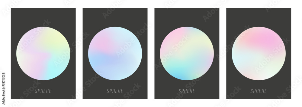 Poster set of color spheres with holographic effect. holographic round shapes with soft color gradients for