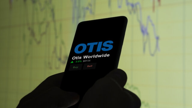 January 15th 2024. The logo of Otis Worldwide on the screen of an exchange. Otis Worldwide price stocks, $OTIS on a device.