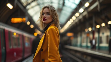 Blondynka stoi przed pociągiem na peronie dworca kolejowego, patrząc w kierunku wagonów i czekając na podróż. - obrazy, fototapety, plakaty