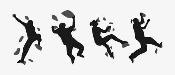 climbing wall silhouette collection set. sport, extreme, bouldering, rock, concept. different actions, poses. vector illustration.