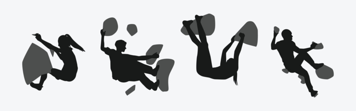 climbing wall silhouette collection set. sport, extreme, bouldering, rock, concept. different actions, poses. vector illustration.