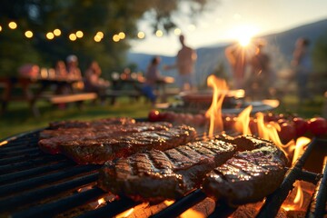Barbecue party with people in the background, grilled steak, grilled meat, fire, summer party, barbecue in the garden,  people having fun, family and friends, Generative AI 