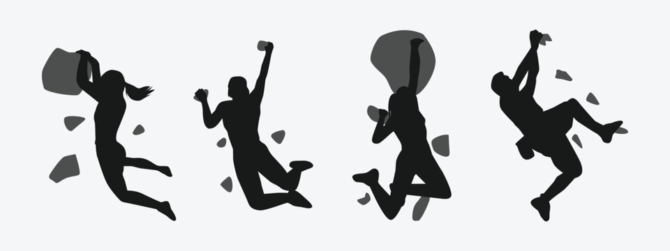 climbing wall silhouette collection set. sport, extreme, bouldering, rock, concept. different actions, poses. vector illustration.