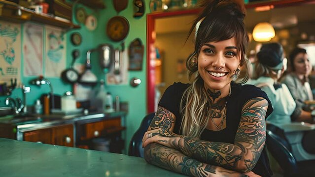 Slow motion portrait of a Latino female tattoo artist with a large number of tattoos and piercings working in tattoo parlor