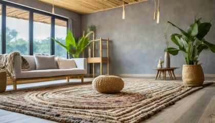 a minimalist room carpet design with a focus on simplicity and texture, utilizing subtle tonal variations and soft materials like wool or bamboo silk for a serene and inviting feel. - obrazy, fototapety, plakaty