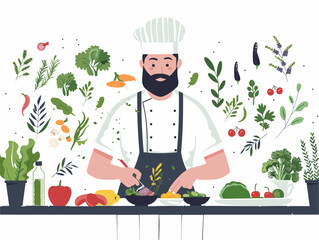  A chef carefully prepares a salad with fresh vegetables and lean protein emphasizing healthy meal choices. 