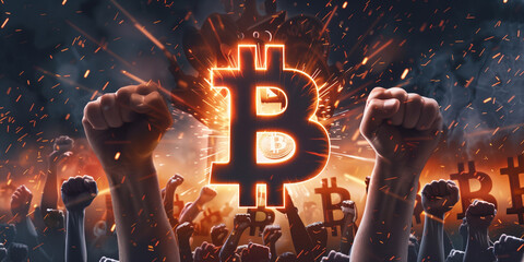 Raised fists in front of a radiant Bitcoin symbol, embodying the power and uprising in cryptocurrency