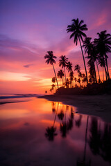 Fototapeta na wymiar Twilight's Splendour Unleashed: Dramatic Dusk Over a Tranquil Seaside Setting with Silhouettes of Palm Trees and a Cozy Beach House