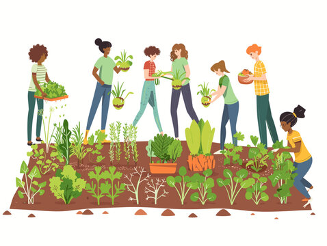  A community garden flourishes with volunteers planting and harvesting fresh produce promoting healthy eating habits. 