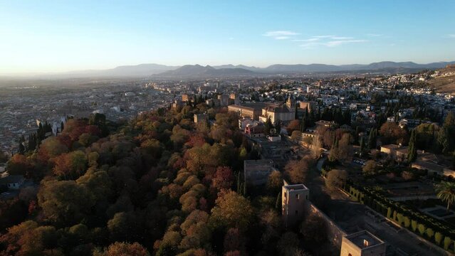 Granada, Spain: Aerial drone footage of the Granada old town with the famous Alhambra citadel.