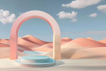 Fototapeta na wymiar 3D podium with arches in pink blue colors against desert and sky background, Abstract minimalistic podium background for product presentation