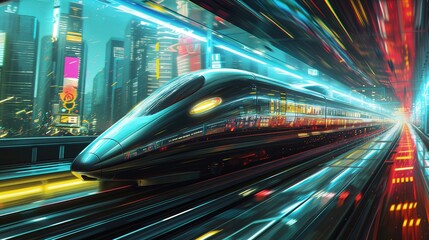 Pociąg przemierzający nowoczesne miasto nocą, poruszający się po torach z oświetleniem neonowym. W tle wieżowce i drapacze chmur