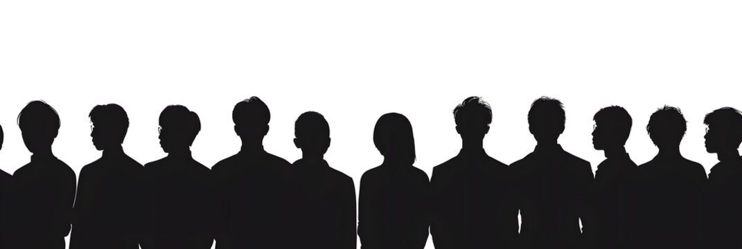 a row of black siluets of people look in, we see them only from the back, white background, vector