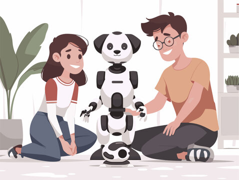  A family interacts with a robotic pet at home enjoying companionship and entertainment from the advanced AI-powered companion. 