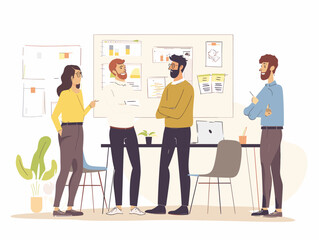  A group of developers in a modern office space participate in a daily stand-up meeting updating each other on their progress and identifying potential roadblocks. 