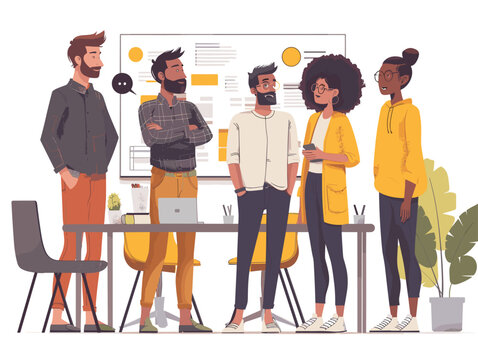  A group of developers in a modern office space participate in a daily stand-up meeting updating each other on their progress and identifying potential roadblocks. 