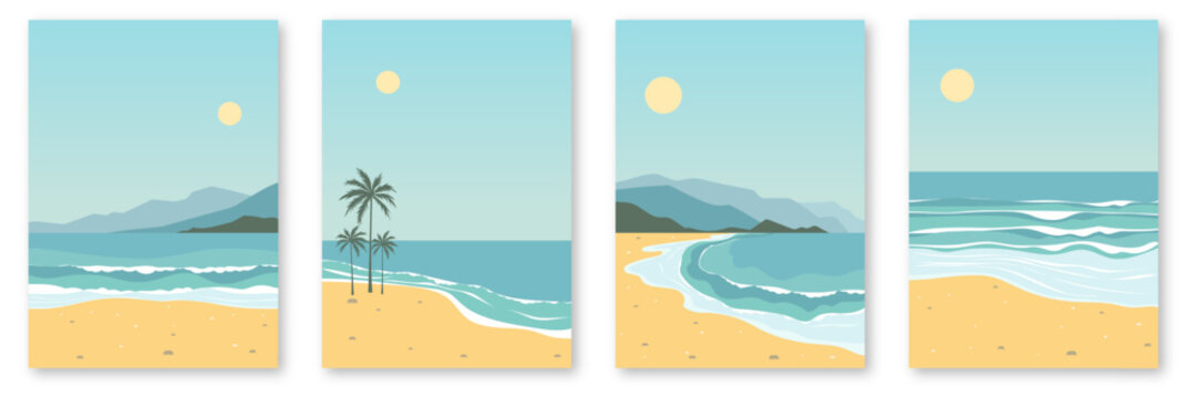 Set of landscapes of paradise beaches. Beautiful sandy beaches with palm trees, sea with waves and mountains in the background on a sunny day. Vertical editable vector illustration for print.