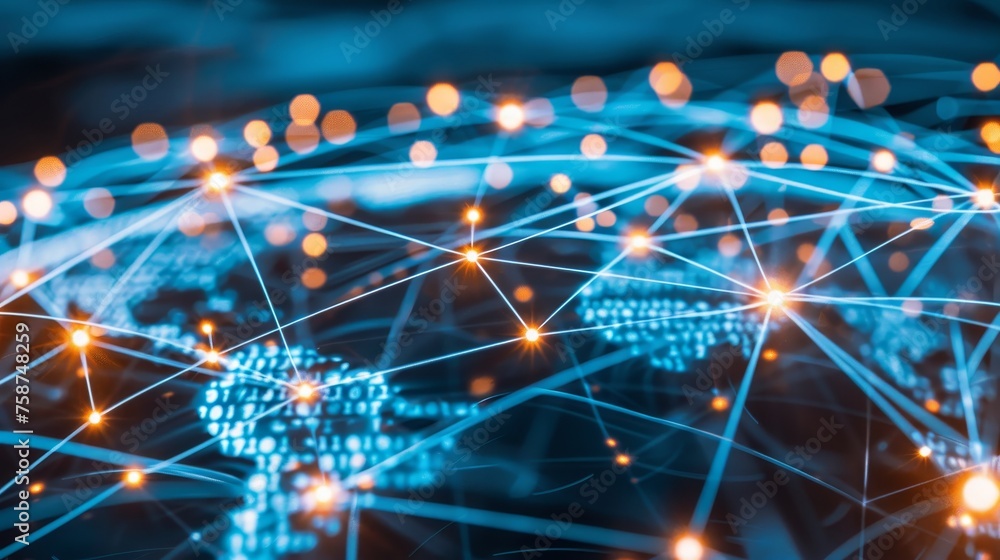 Poster global network connection earth covered by innovative perceptron lines for advanced communication