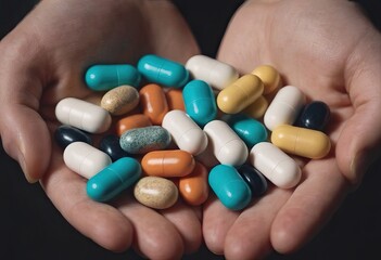 Young doctor is offering to you bunch of different pills as medication for your good health isolated
