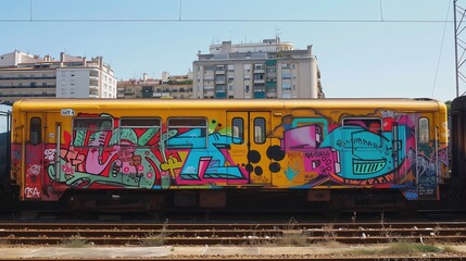 Żółty pociąg pokryty abstrakcyjnym graffiti na boku, poruszający się po torach. W tle bloki. - obrazy, fototapety, plakaty