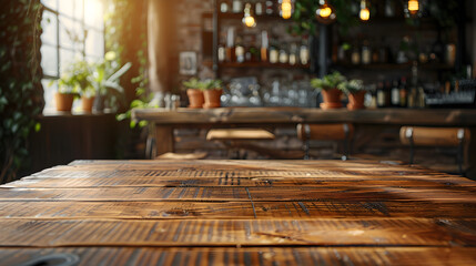 An empty rustic bar restaurant cafe wooden table space with a warm and cozy atmosphere, suitable for product display mockup.