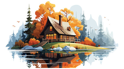Fantasy cottage in the autumn forest by the lake AI